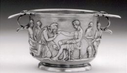 Silver cup showing Priam imploring Achilles to return the body of Hector (courtesy National Museum, Copenhagen)