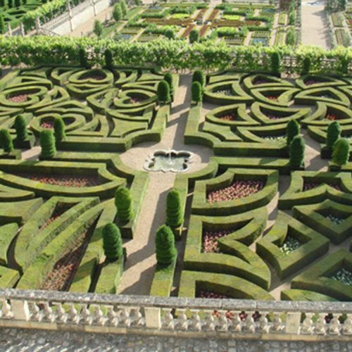 Chateau de Villandry - C16 chateau of the Loire with Renaissance gardens best viewed from the Belvedere. One gardens is planted with vegetables