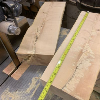 Once dried and cracked, trunks are quartered here showing very clean timber this dimension (400mm X 40mm) being ideal for the chanters used in various kinds of bagpipes