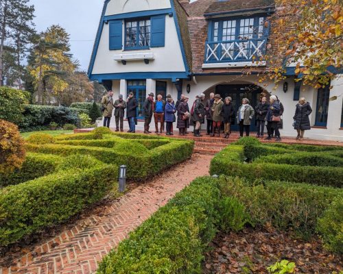 Members of EBTS gather at a villa designed by Louis Quételart (1888-1950) with topiary garden cleverly filling the narrow pointed triangle of the plot in front